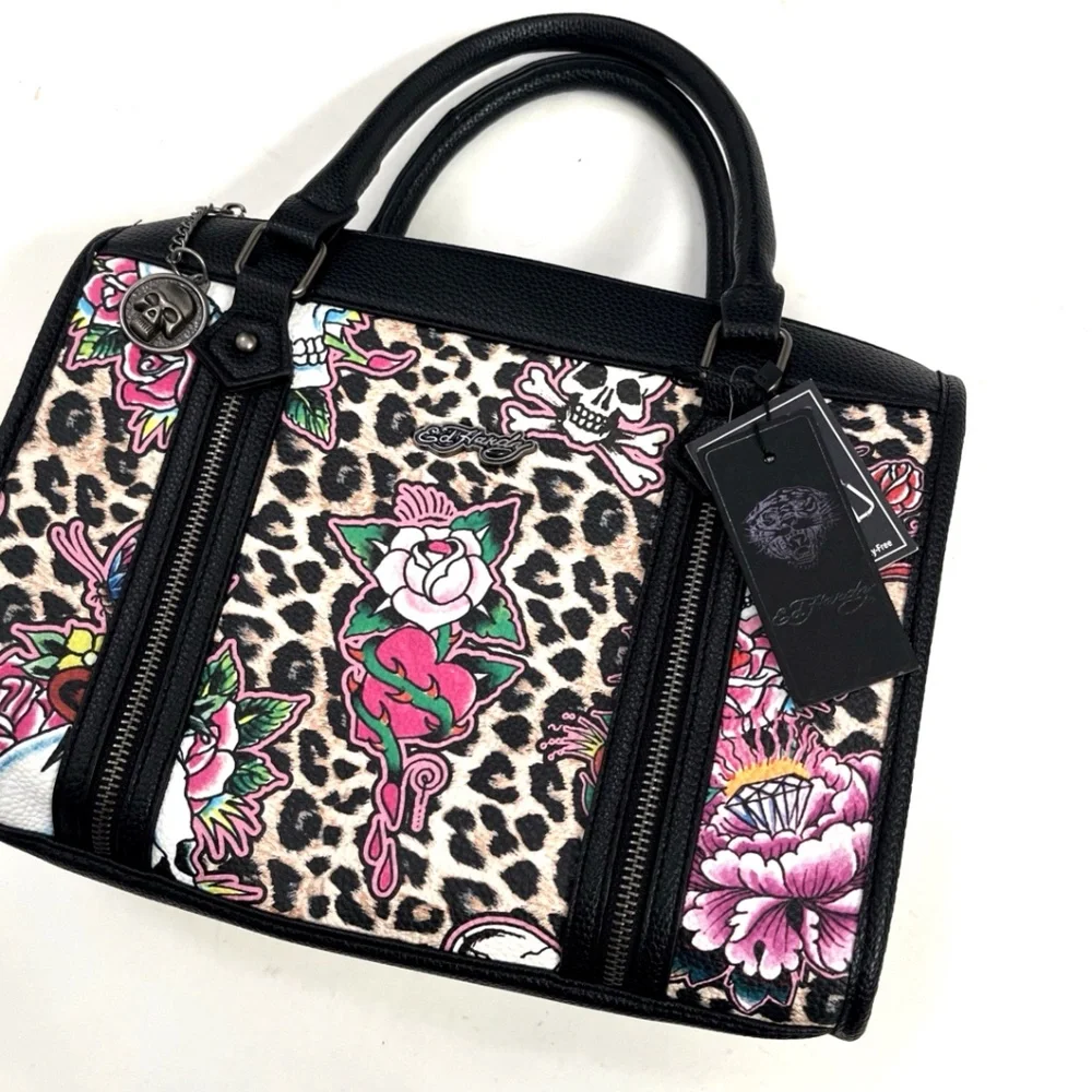 Ed Hardy Skull Leopard Tattoo Satchel Bag Roses Crossbody Handbag NWT